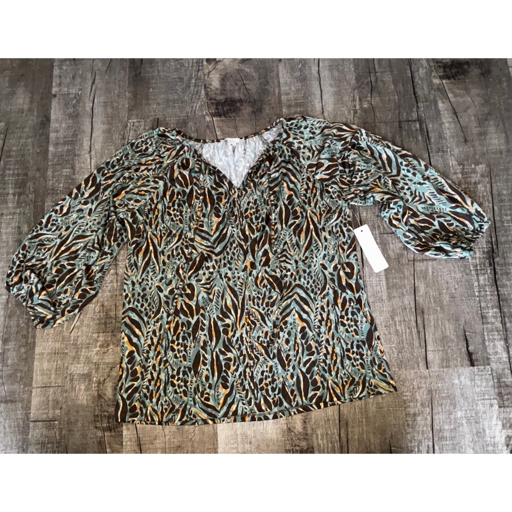 Sunny Leigh Women Jade Brown Animal Print ITY Knit 3/4 Sleeve Blouse Top Medium